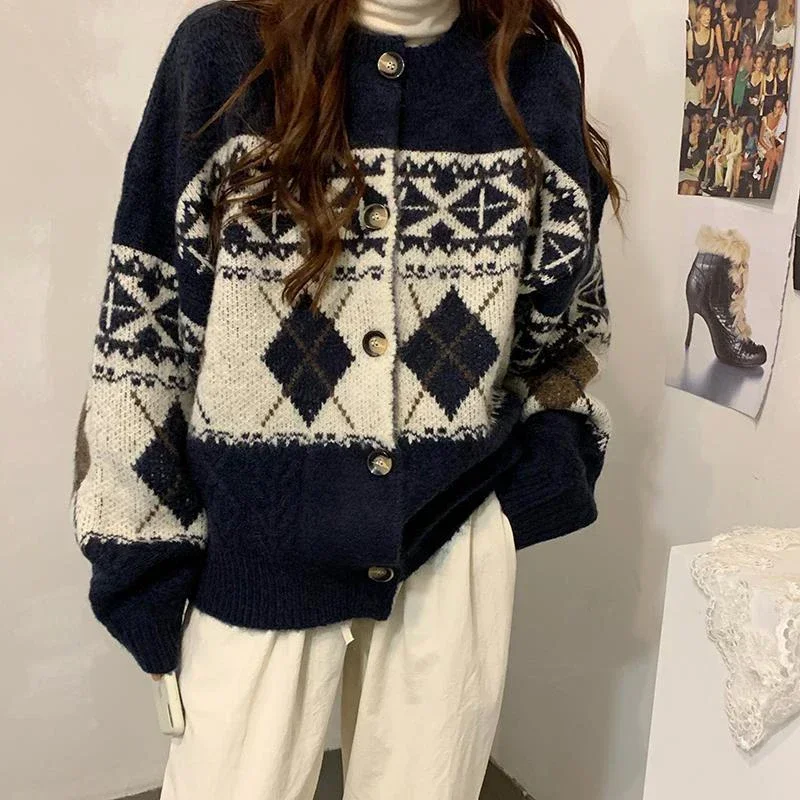 EVNISI Korean Patchwork Cardigan Sweaters Women Lazy Wind Vintage Argyle Long Sleeve Knitted Coat Casual O Neck Female Print Top