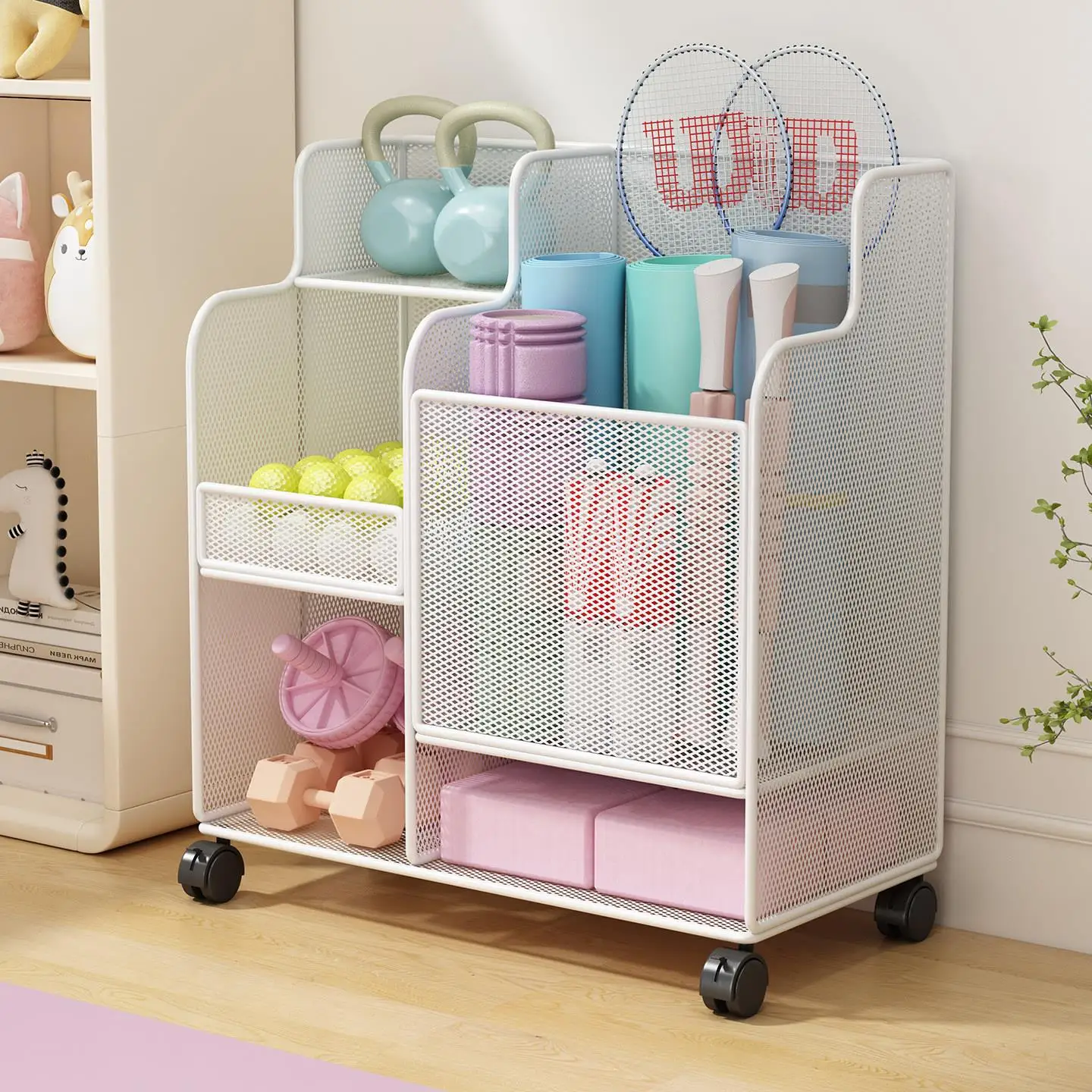 

Корзина для хранения спортивного инвентаря на колесах, мобильная, для дома, для баскетбольного и бадминтонного оборудования, с кронштейном