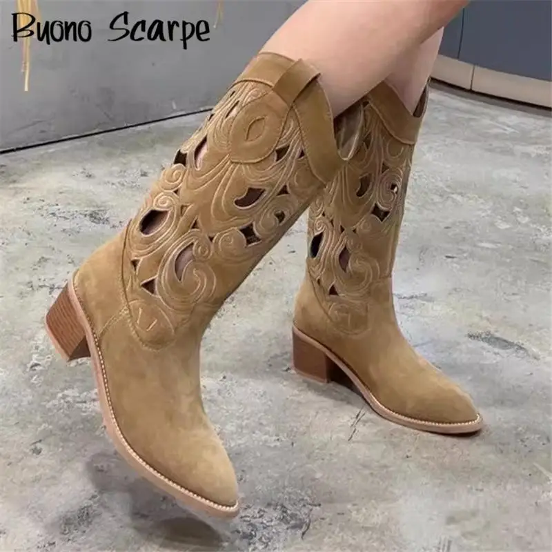 

Женские ковбойские сапоги в стиле ретро, с вышивкой и острым носком, повседневные рыцарские сапоги, универсальные Дизайнерские Сапоги до середины икры