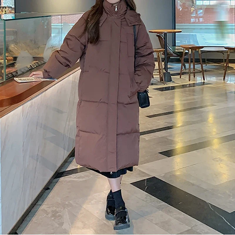 EVNISI Autumn Winter Women Zipper Button Pocket Casual Down Coat Thicken Warm Hooded Long Coat Office Coat Long Sleeve Parkas