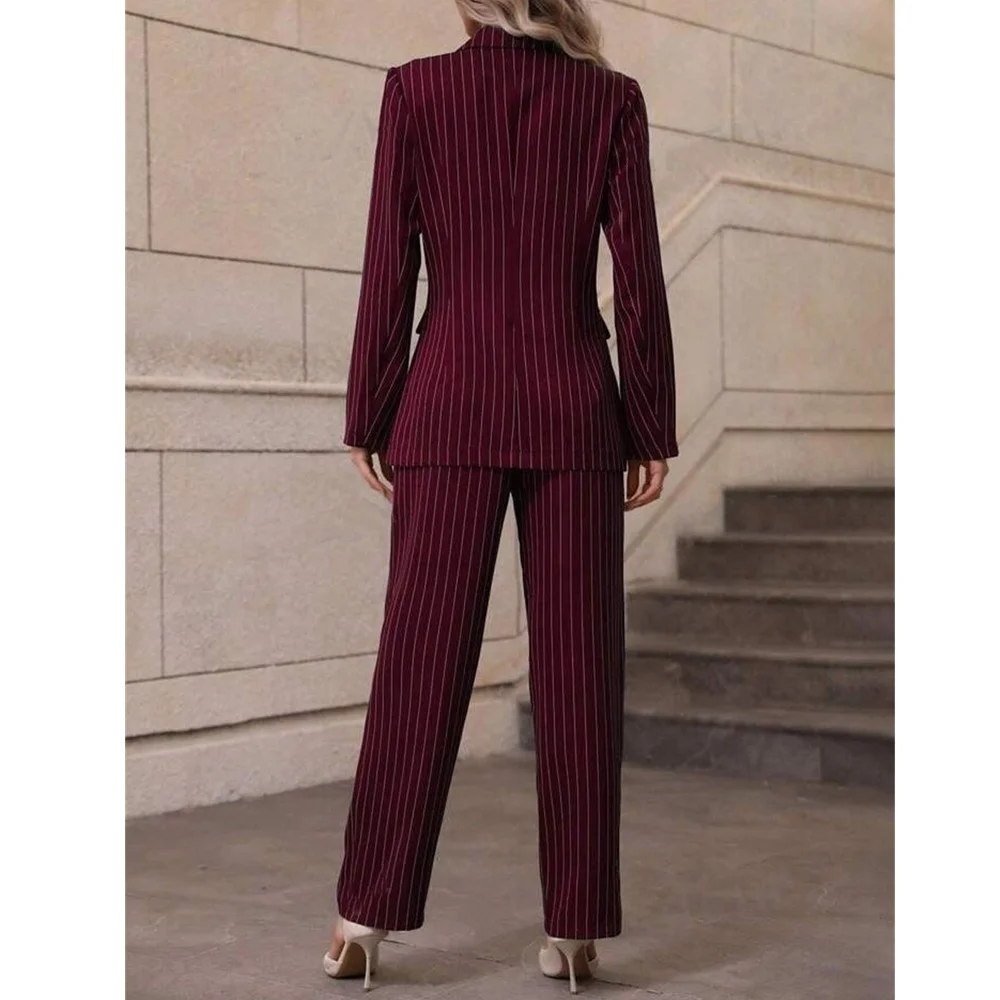 Women Suit Set Striped Wine Red Women Long Pants 2 Piece Set Lady Casual Loose Suit Wide Leg Trousers Solid Outfits Pant Suits