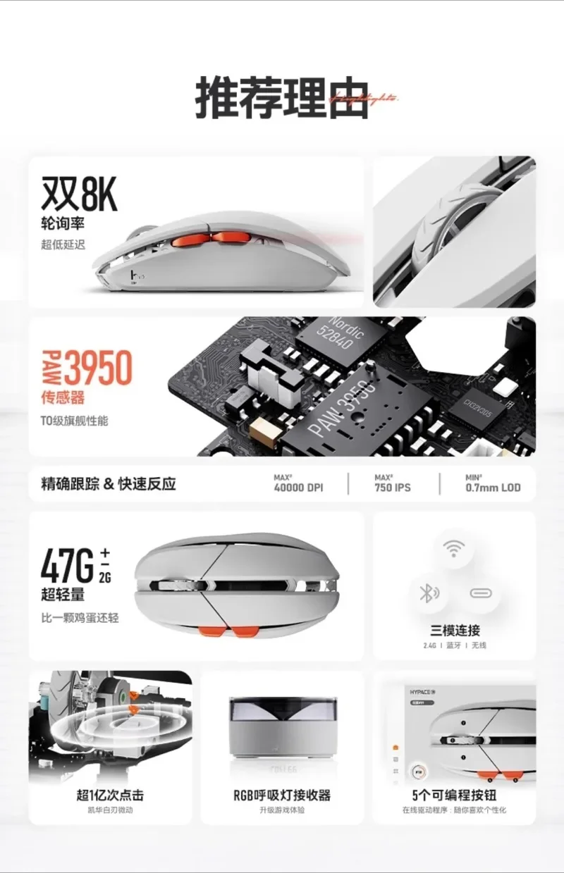 ماوس ألعاب HYPACE Falcon للرياضات الإلكترونية، سماعة لاسلكية تعمل بالبلوتوث، ثلاثي الأوضاع للمكتب، خفيف الوزن 3950 #4