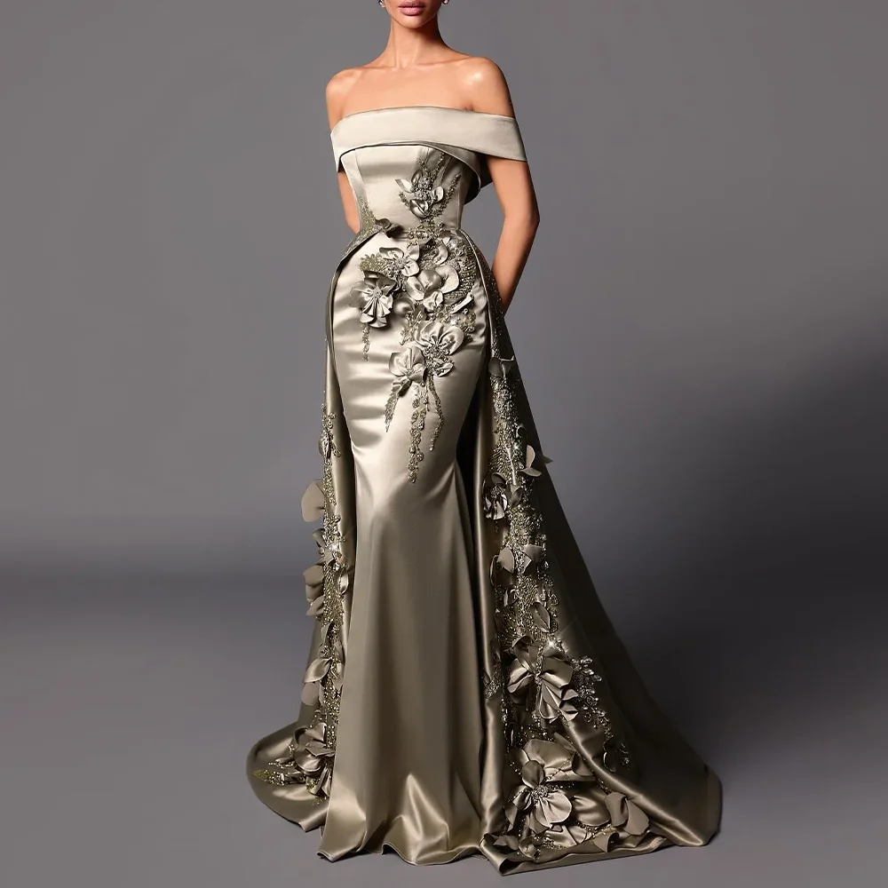 

Off-Shoulder Mermaid Evening Prom Dresses Evening Dresses Satin Appliques Sequined Beading Backless Party Prom Gowns Customized