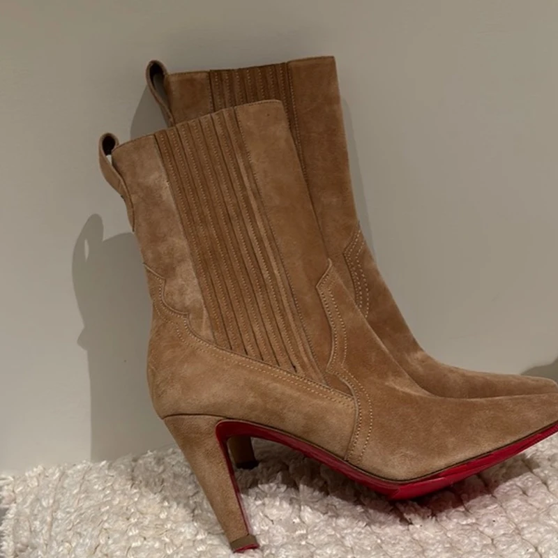 

Suede Pointed Toe Slip-On Chunky Heels Ankle Boots Woman Winter 2026 High Heel Elastic Booties Fashion Party Dress Boots