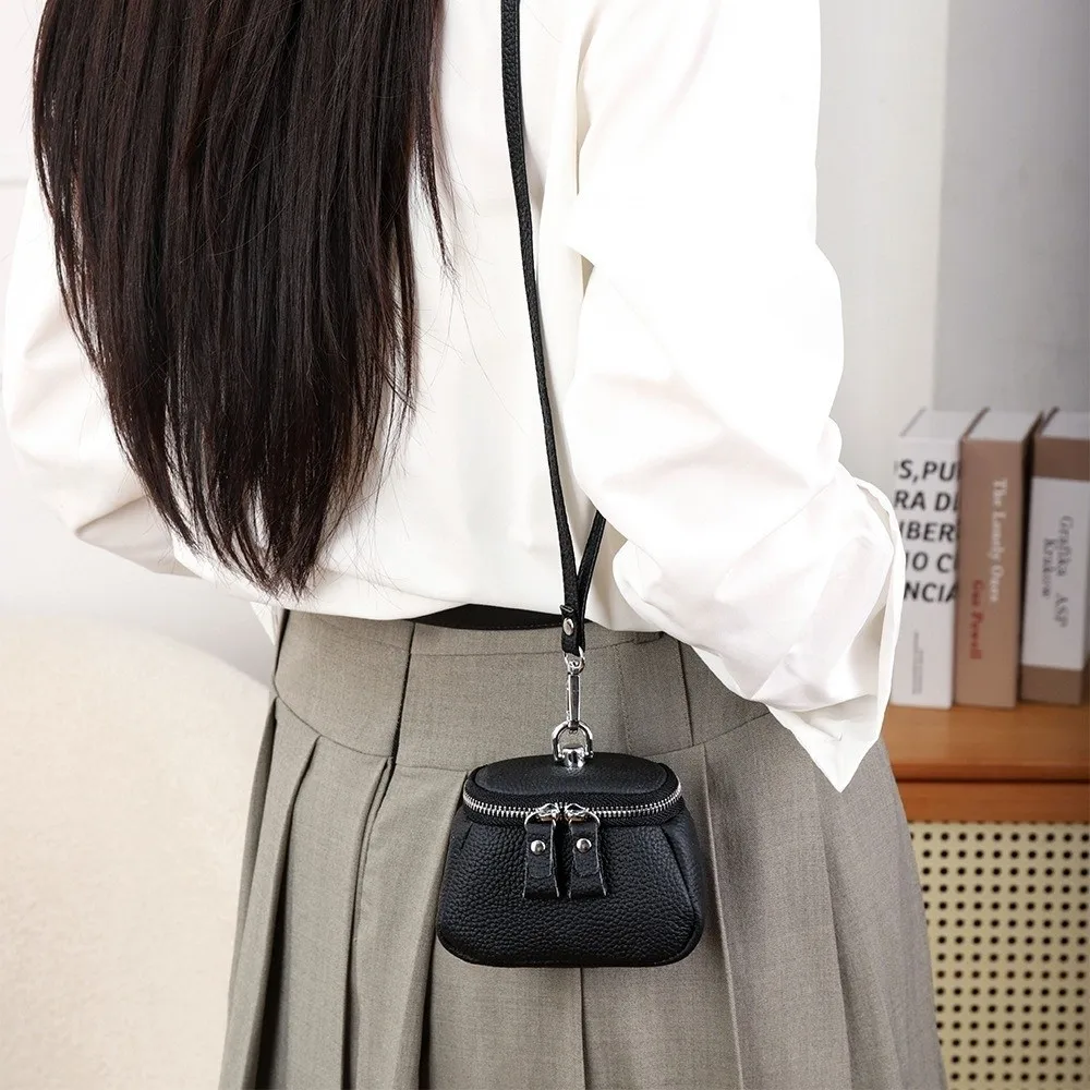 Solid Color Hanging Neck Coin Purse Lipstick Earphone Pouch Makeup Storage Lanyard Wallet Genuine Leather Purse Mini Storage Bag