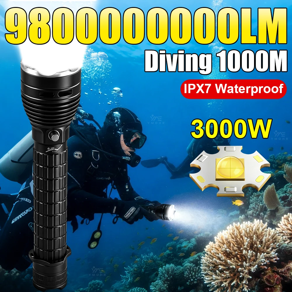

3000W IPX8 Waterproof Flashlight Professional Diving Flashlight Rechargeable LED Lantern18650 Battery Spotlight For Diving Light