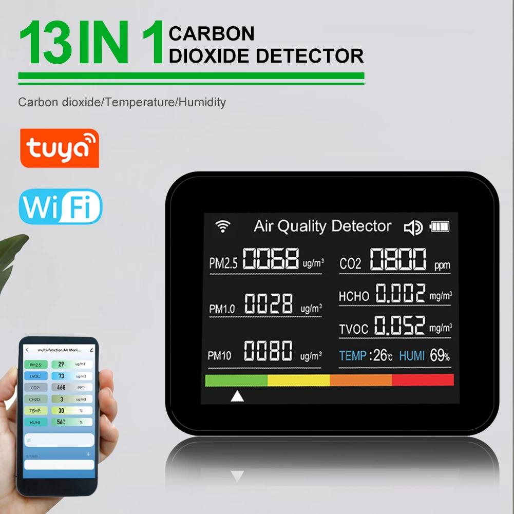 Tuya Indoor Air Quality Tester 13in1 with WiFi Air Quality Monitor for CO2 TVOC HCHO PM2.5 PM1.0 PM10 Temperature Humidity More