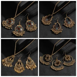 Ethnic Gold Color Wedding Jewelry Sets Ladies Vintage Antique Carved Heart Pendant Earrings Necklace Bohemian Flower Jewelry
