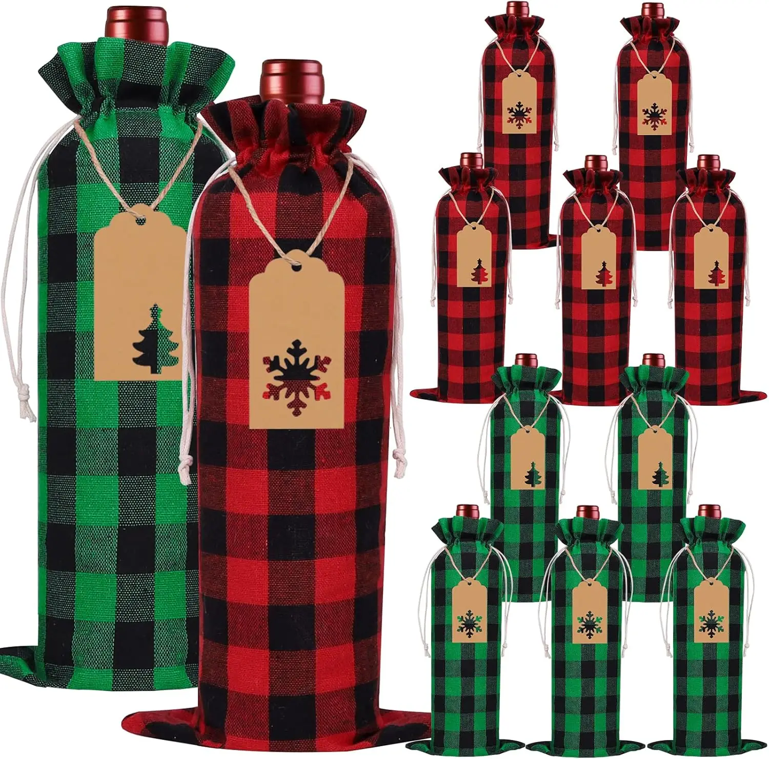 

12pcs Christmas Wine Burlap Bags, Xmas Wine's Bags Classic Buffalo Plaid Wine Bottle Bags Reusable Burlap Xmas wine Bottle Cover