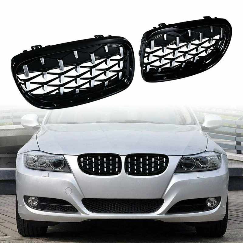 2Pcs Car Front Bumper Hood Kidney Grille Diamond Meteor Racing Grill Chrome+Black For -BMW 3 Series E90 2009-2012