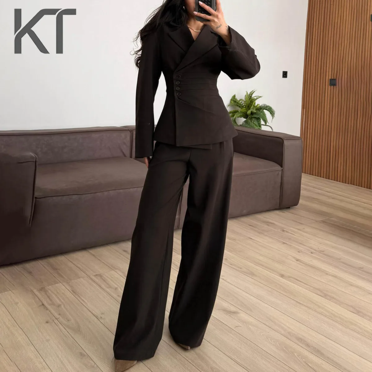 

KT Elegant Wrap Blazer Two Piece Set for Women Fitted Waist Button Detail Wide Leg Pants Office & Daily Wear Suits