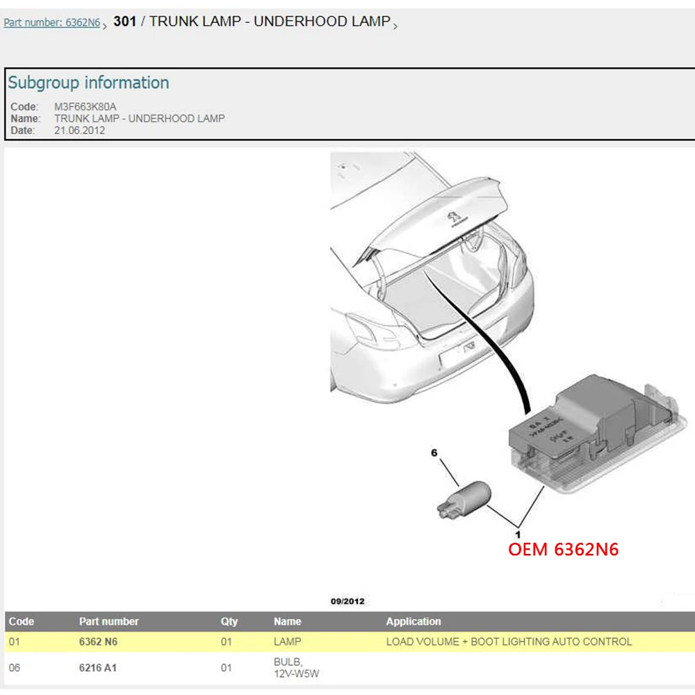 

Suitable For Peugeot 208 2008 301 307 308 408 508Citroen C-Elysee C3 C4 C5 BOOT LIGHTING TRUNK LAMP ASSY 6362N6