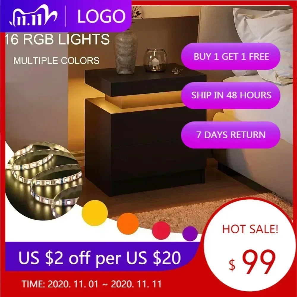 

Горячая распродажа: Пара современных прикроватных тумбочек со светодиодной подсветкой и ящиками для спальни