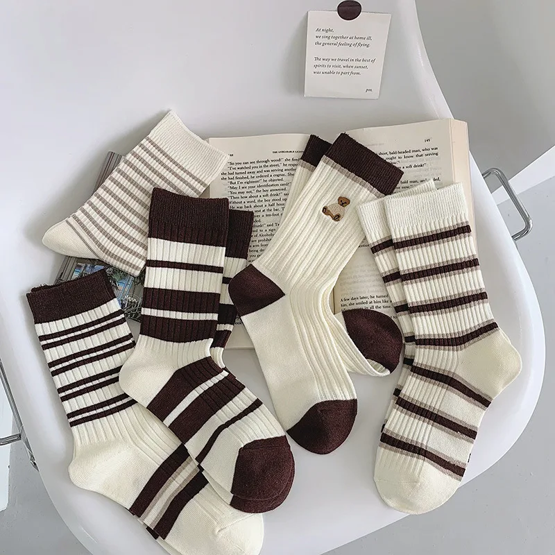 

1/6 Pairs Women's Socks Colorful Striped Mid Length Socks 2025 Fashion Spring Autumn Winter Women's Short Socks Wholesale