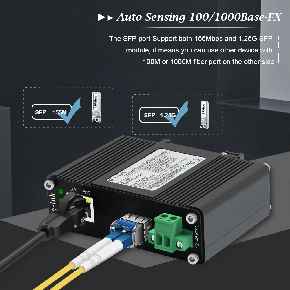 Mini Industrial 30W/60W PoE Gigabit Media Converter 12~48VDC 1 Port Din Ethernet Switch With SFP Aluminum Case