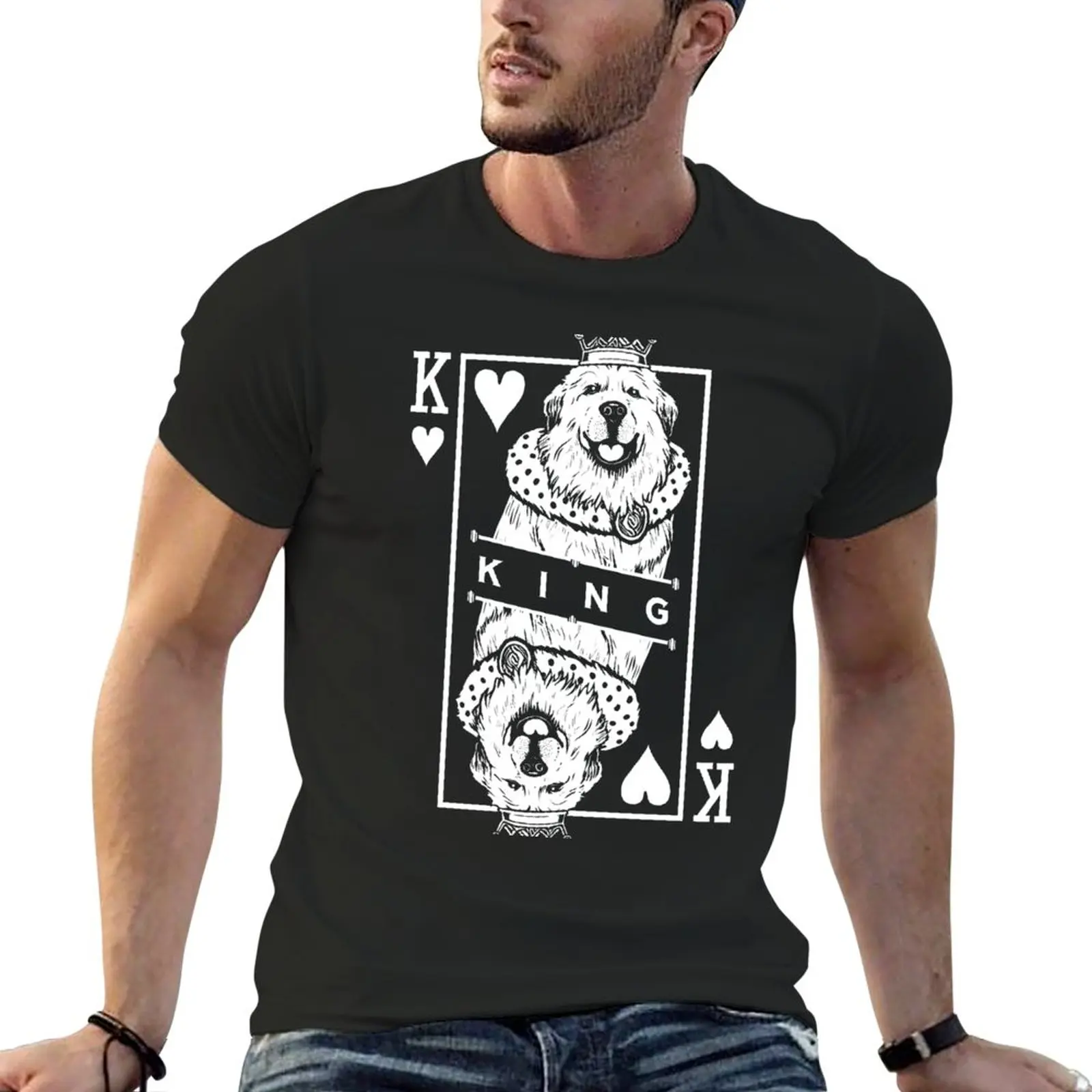 Camiseta de gran Pirineo para hombre, camisa divertida de rey de corazones, carta de amante de perros, Pop Art, negra, nueva edición