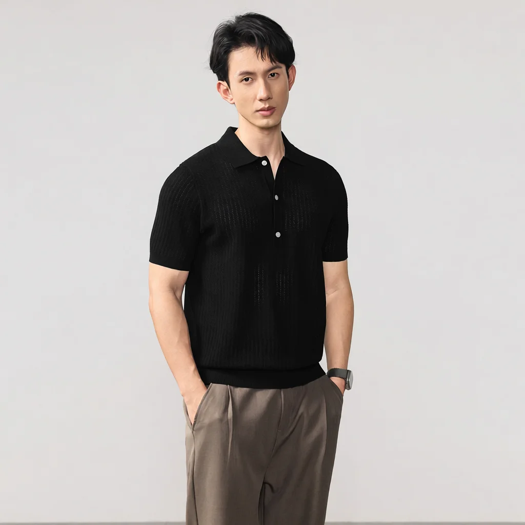 

Comfortable Knitted Shirt Textured Stripe Fashionable Collar Men's Clothing Light Maturity Style Yang Jing Brand Polyest...