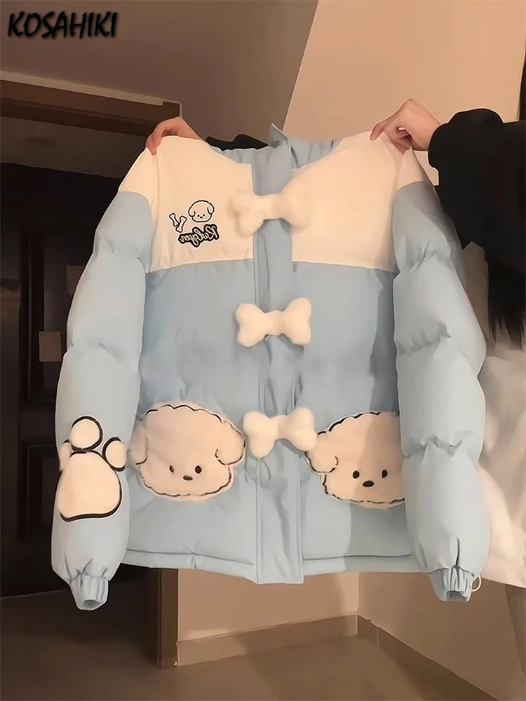 

Women Cartoon Embroidery Cute Parkas Winter Patchwork Preppy Style Jackets Loose Casual Y2k Aesthetic Thicken Warm Hooded Tops