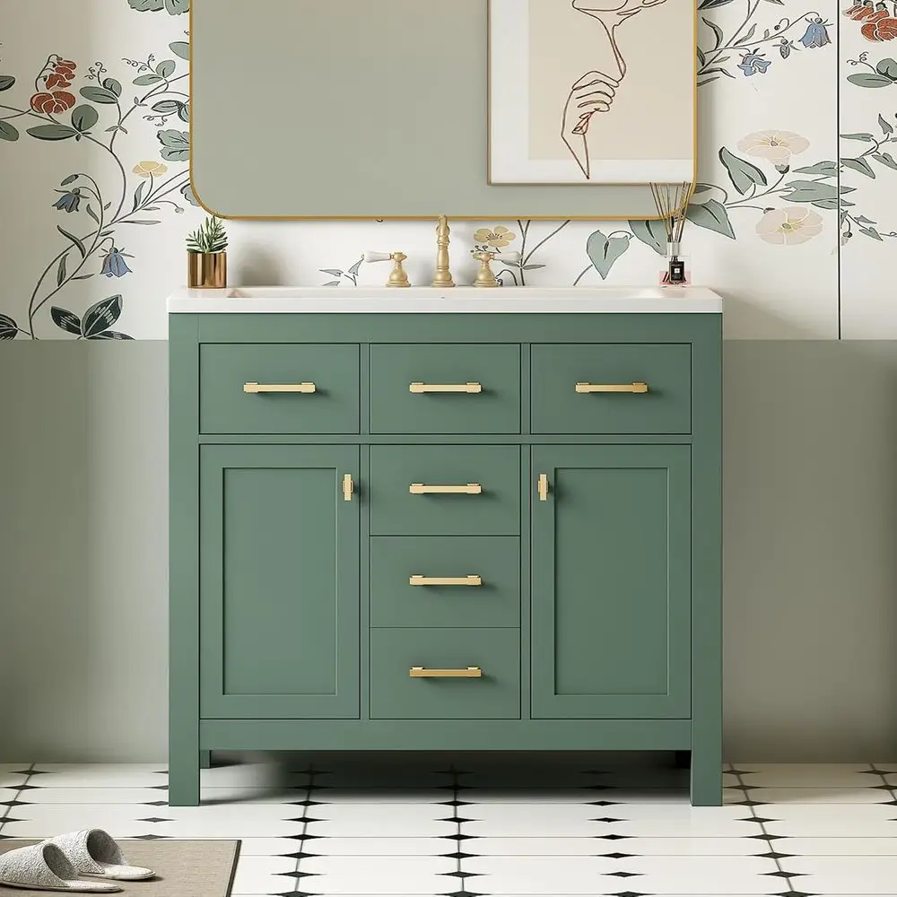 

Тумба для ванной комнаты 36 дюймов с раковиной, отдельно стоящая тумба для ванной с раковиной и столешницей, 4 дверцы и 2 ящика для хранения, из массива дерева, P