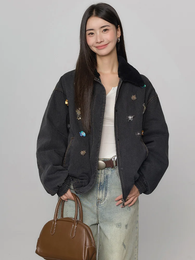 เสื้อโค้ทเดนิมบุขนห่านแท้ ขนแกะเมอริโนแท้ สำหรับผู้หญิง ฤดูหนาว 2025  หรูหรา อุ่นหนา