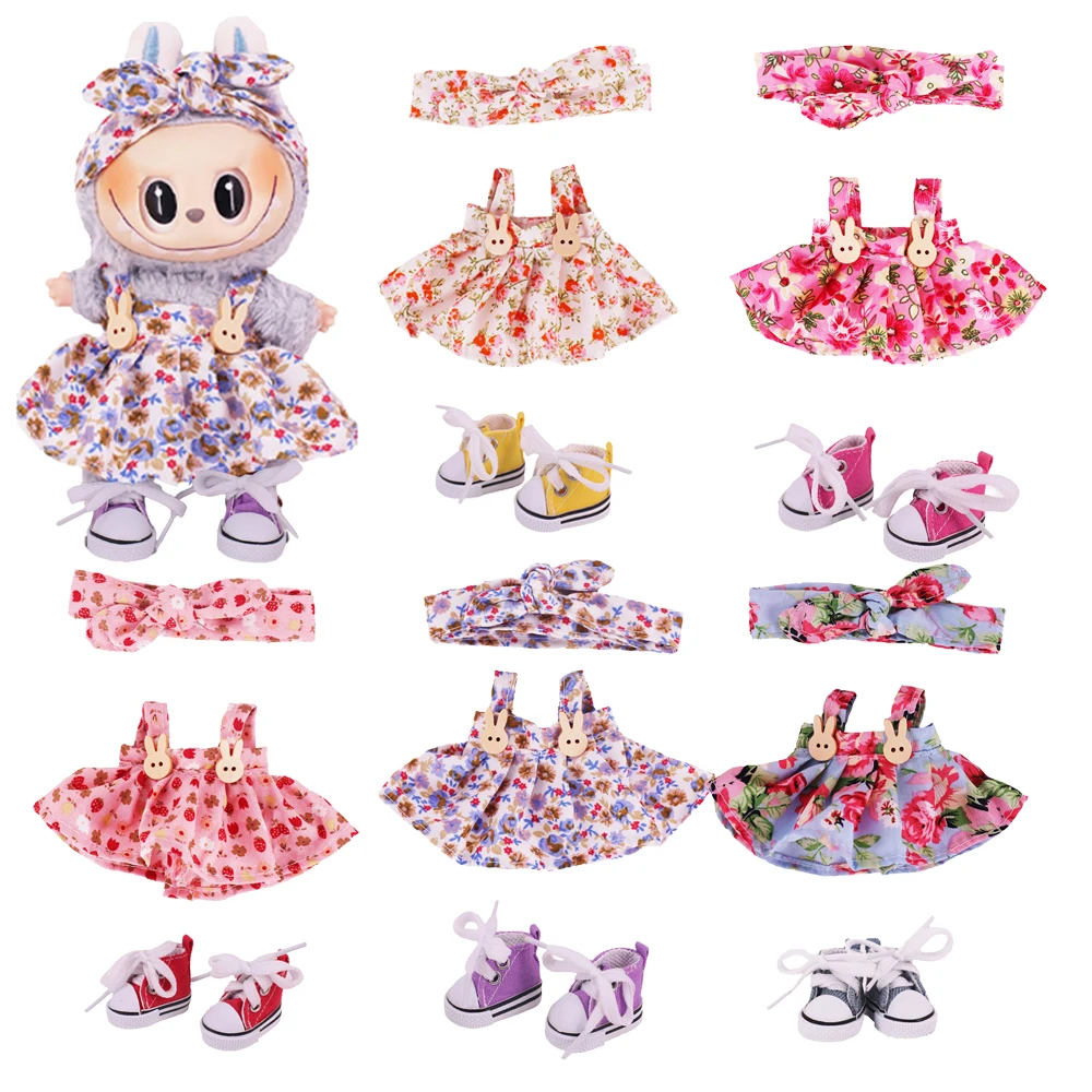 

2pcs Flower skirt with hair accessories+3.8Cm Doll Shoes High top lace up Sneakers For 17cm labubu Doll Keychain Doll Clothes