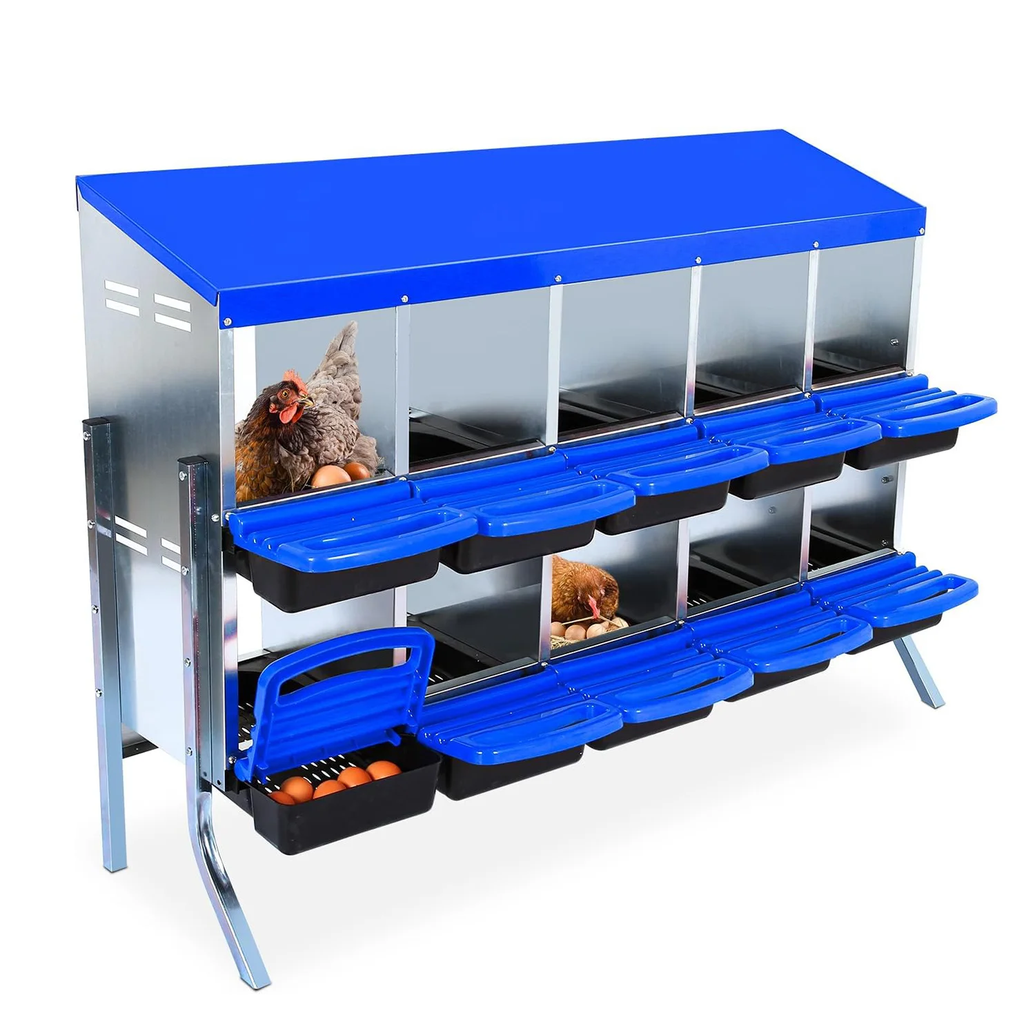 Nido de Gallinas Metálico de 2 Niveles, Resistente, con Techo Impermeable, Compartimentos para 6/8/10 Gallinas, Resistente a la Oxidación