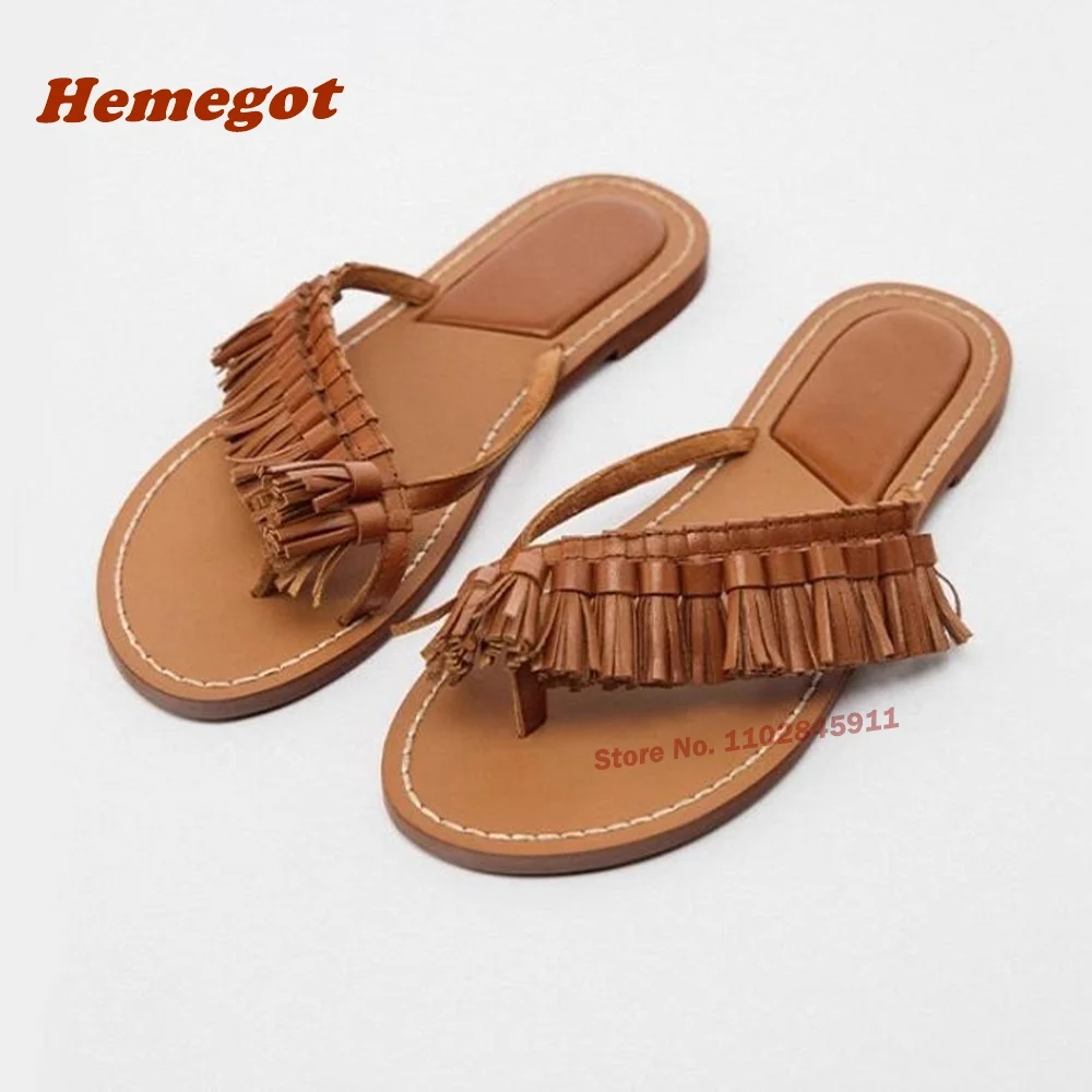 

Tassel Clip Toe Slippers Flat with Fringe Slip On Women's Sandals Leather Newest 2024 Patchwork Side Air Summer New Casual Shoes