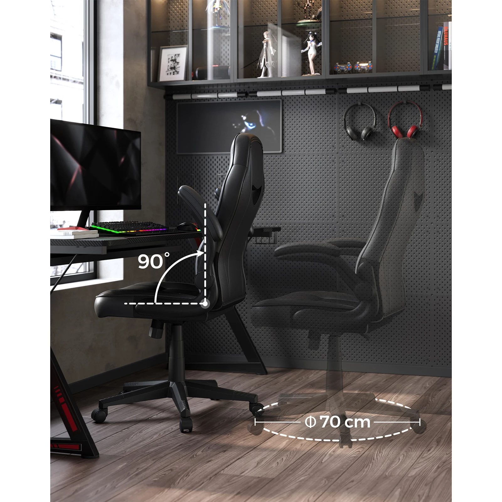 SONGMICS Office Chair, Ergonomic Swivel Chair, with Foldable Armrests, Adjustable Height and Free Tilt, Load 150 kg, Black