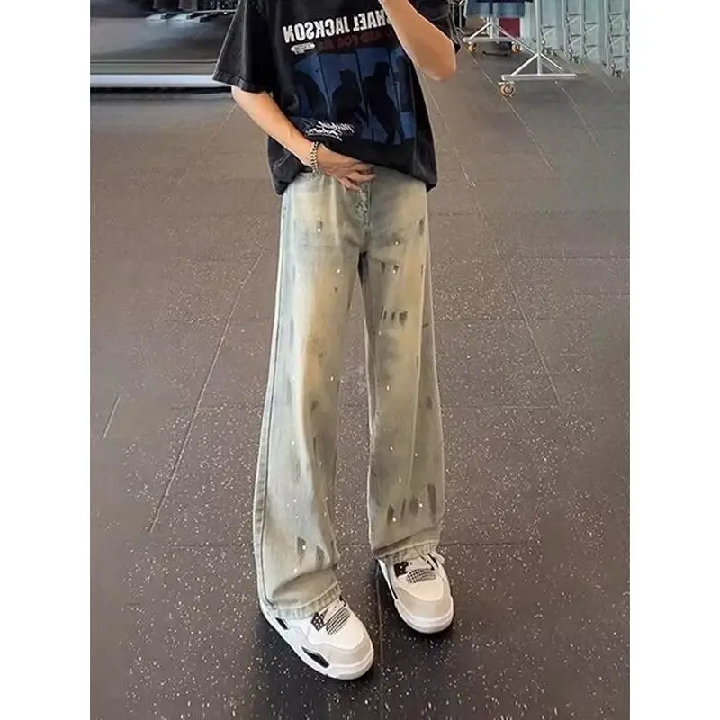 

Retro Waed ey Spray Ink Bent Knife Jeans Men's Loose Fit Straight Leg High Waist Cotton Polyester Blend Winter Jeans