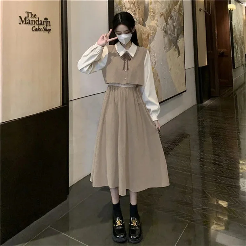 2023 Spring Fake Two-Piece Long-Sleeved Dress Women's Autumn And Winter New French Retro Temperament Waist Dress Ladies Beige Y4