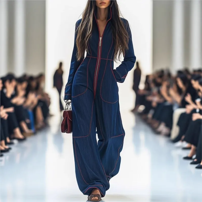 

Solid Color Jumpsuits For Woman Fashion Casual Autumn/Winter Long Sleeve V-neck Pockets Zipper Wide Leg Jumpsuits Woman Overalls
