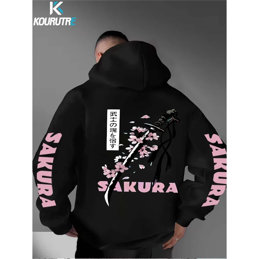 Oriental Samurai Katana Sakura Hoodie Retro Japanese Text Hip Hop Unisex Oversized Spring Autumn Pullover Hoodie