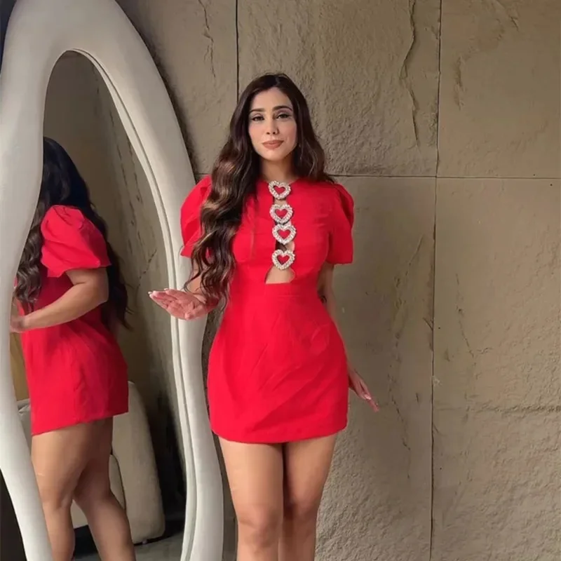فستان قصير بأكمام منتفخة مزين على شكل قلب من حجر الراين الأحمر للنساء أنيق بفيونكة عالية الخصر فستان أنيق للحفلات المسائية للسيدات