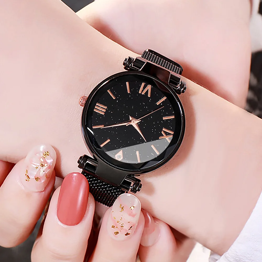 5pcs Women's Fashion Starry Sky Love Absorbent Iron Mesh with Quartz Watch+Bracelet Combination Set