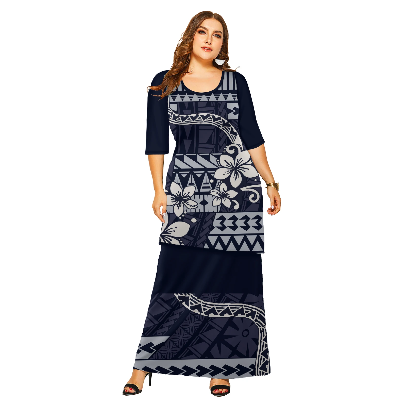 New Style Hawaiian Tropical Style Puletasi Samoa Dress 2pcs Ptaha Plus Size Women Two Piece Set