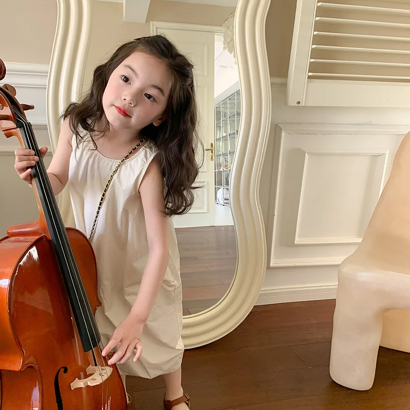 Модный нишевый дизайн, жилет с чувством темперамента, длинные детские однотонные платья без рукавов с разрезом в виде кокона