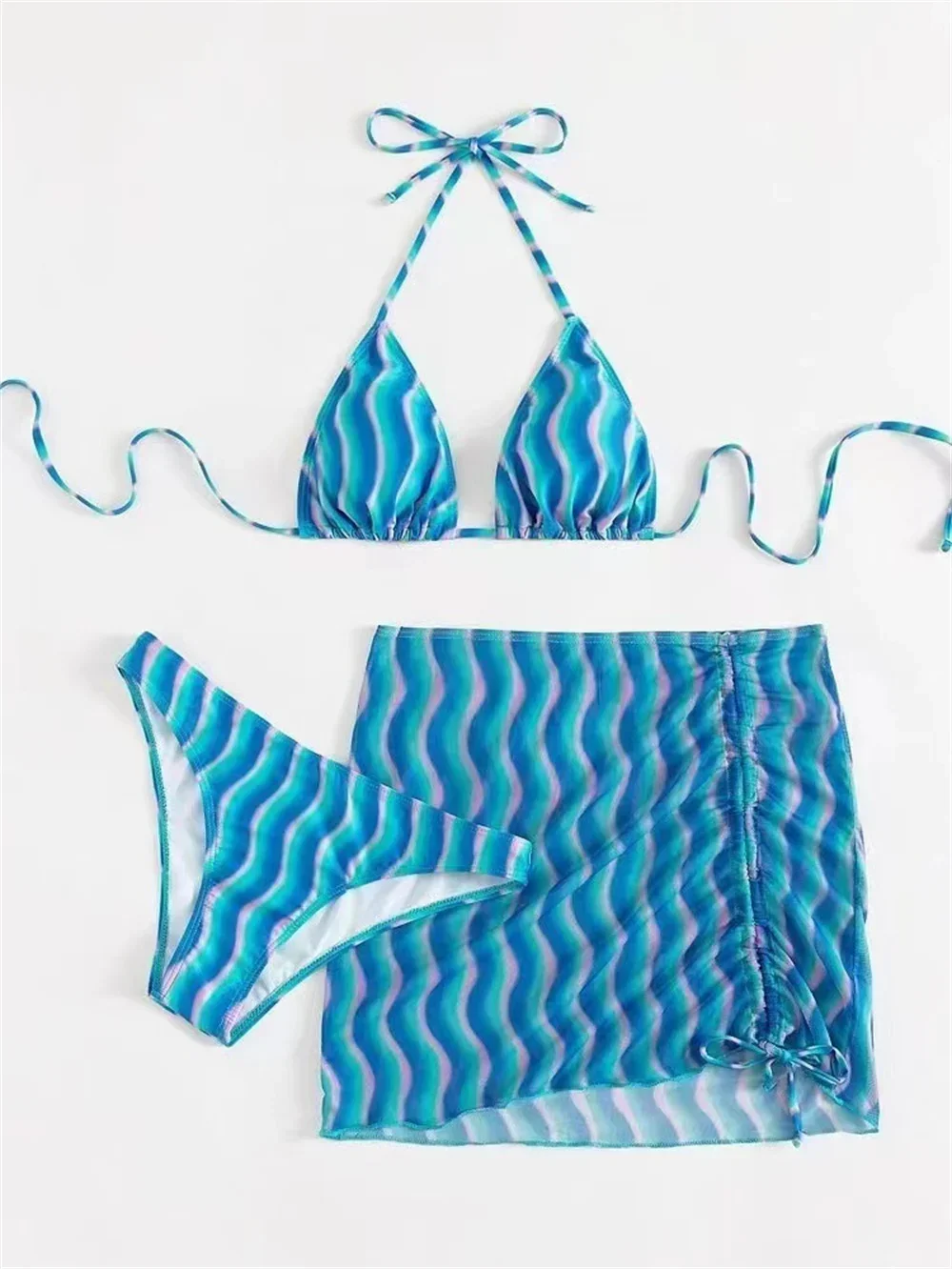 Gradient Wave Print Bikini String Extrem Backless Swimsuit Push Up Swimwear Thong Mesh Skirt Y2K Women Beach Outfit Bathing Suit