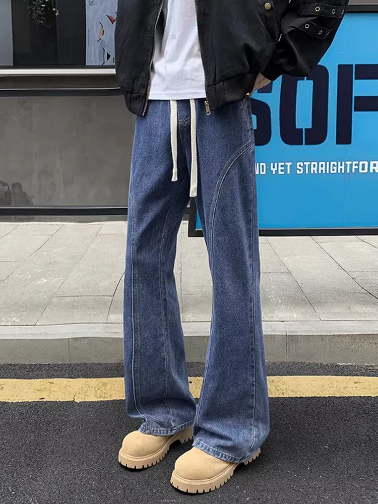 

American Sle Men's Retro Blue Cleanfit Jeans Slant Cut Knife Straight Tube Micro Flared Pants Drapey High End Feeling