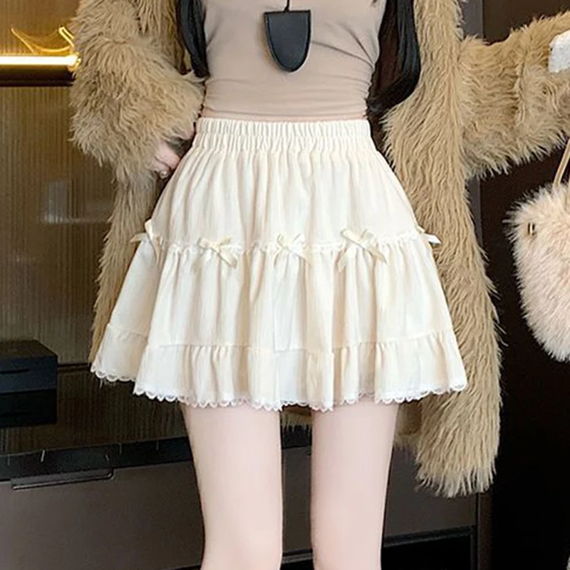 Bow Mini Skirt Women Korean Fashion High Waist A Line Skirt Sweet Preppy Style Pleated 3D Lace Patchwork Ball Gown Female New