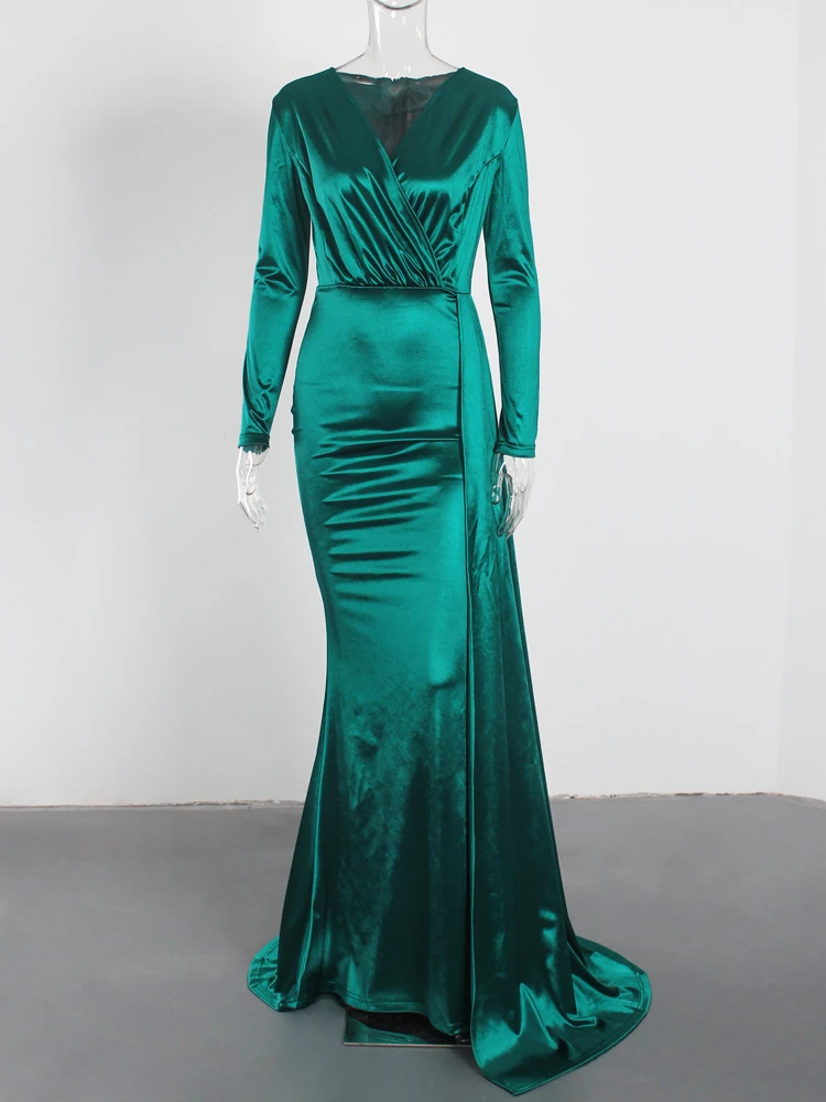 Long Sleeve Silky Stretch Satin Evening Maxi Dress V Neck Floor Length Mermaid Long Train Green Prom Formal Gown