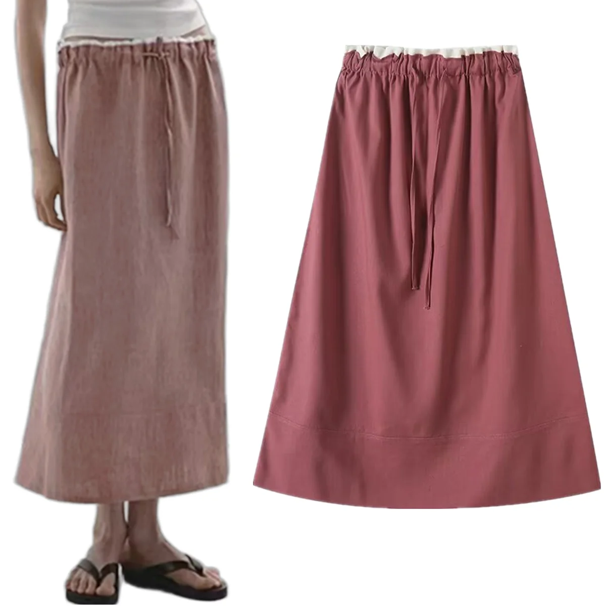 

Maxdutti Summer French Country Style Cotton And Linen Pink Midi Skirt Ruffled Color Matching High Waist Straight Skirt Women