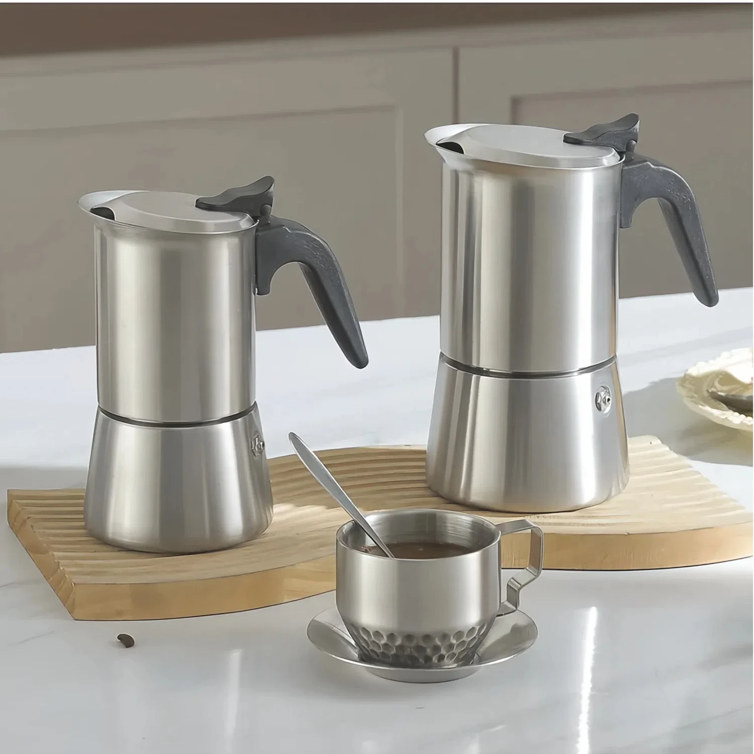 وعاء موكا فاخر من الفولاذ المقاوم للصدأ 304 - ماكينة صنع اسبريسو صمام مزدوج للموقد والتخييم والمكتب - ماكينة صنع القهوة الإيطالية 200/300 مل