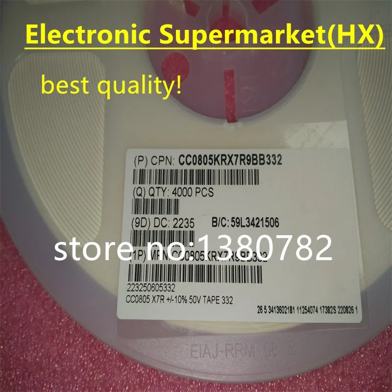 

Free Shipping 4000pcs/lots 0805 chip capacitance 3.3nF (332) ± 10% 50V X7R CC0805KRX7R9BB332 NEW In stock!