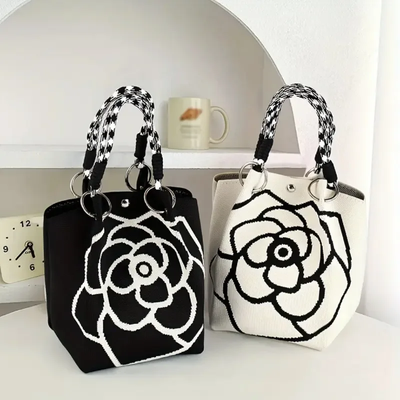 

1pc Camellia Flower Knitted Handbag Large-capacity Bucket Bag Casual and Versatile Daily Commuting Daily Outfits Dacron