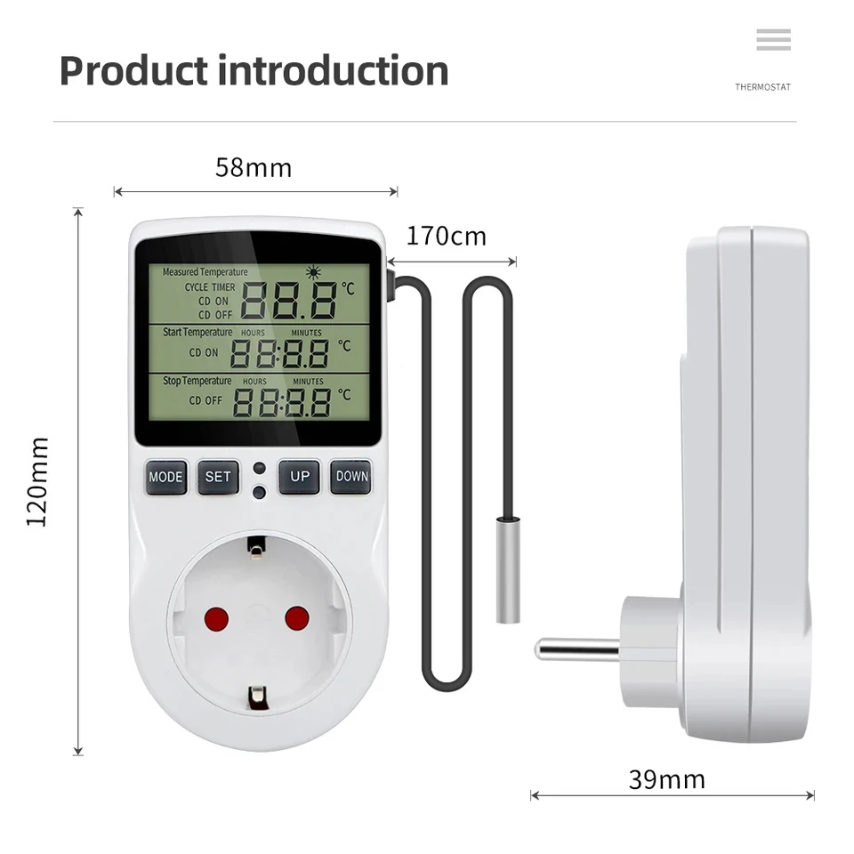 

HEDAO Digital Timer Socket Thermostat with Sensor Probe Heating Cooling 220V Temperature Controller