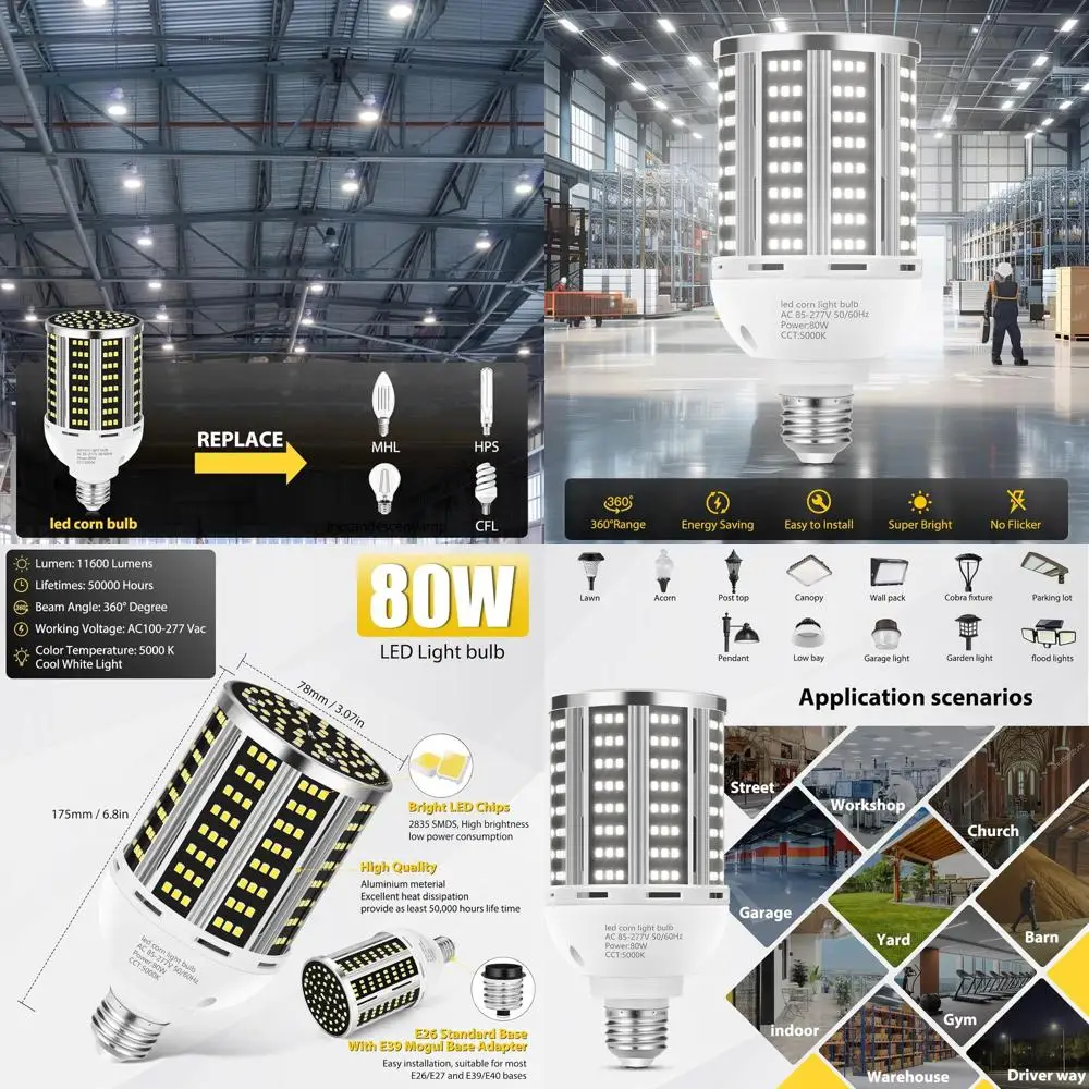 

6-Pack 80W LED Corn Bulbs, 800W Equivalent, Daylight 5000K, 10500 Lumens, Medium Base, Suitable for Indoor & Outdoor Large Space