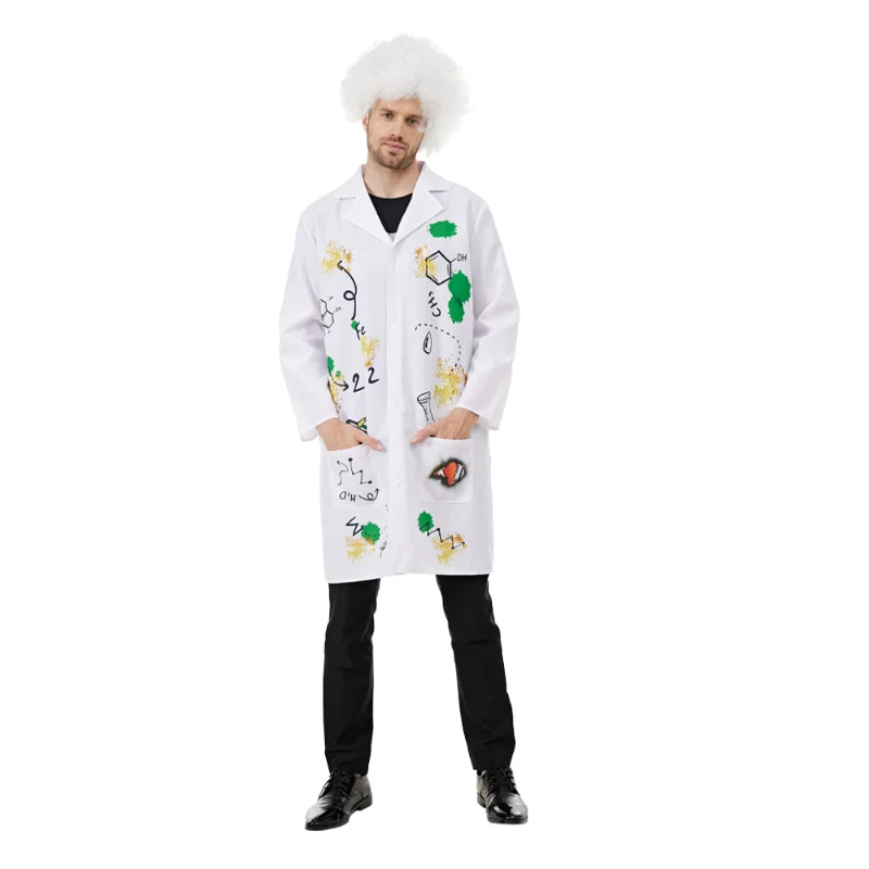 Costume de scientifique fou pour hommes, manteau de laboratoire d'halloween pour adultes avec perruque