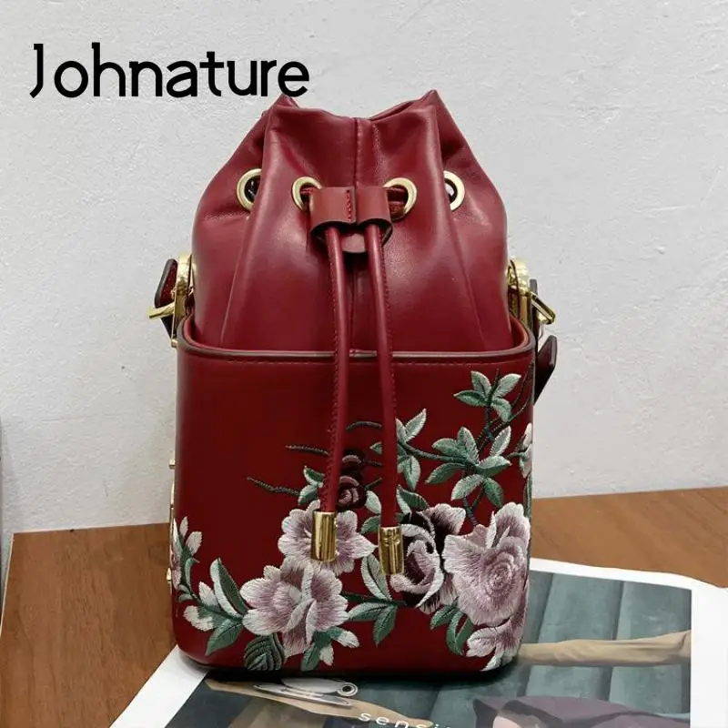 

Johnature Dainty Embroider Handbag 2024 New Retro Women Leather Bucket Bag Versatile Elegant Ladies Shoulder & Crossbody Bags