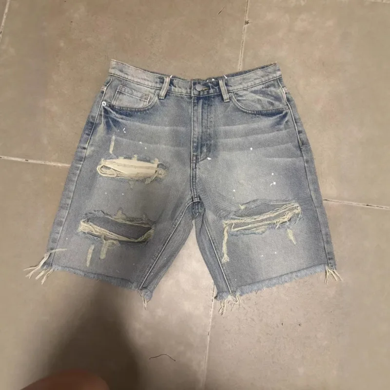 HKSH Summer New Men's Tide Chic Ins High Street Best-selling Washed Distressed Cat-Ear Ripped Denim Shorts Vintage Jeans HK24658