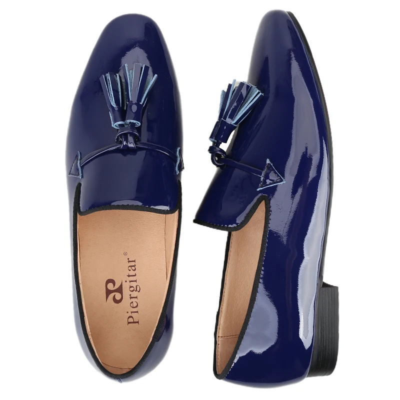 Piergitar 2024 New Model Royal Blue And Black Patent Leather Men's Tassels Shoes For Fashion Party Handmade Slip-On Loafers view 5